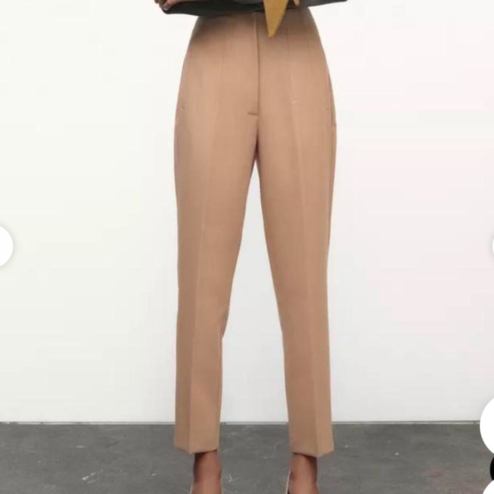 Zara: Taupe/Tan High Rise Straight Leg Pants